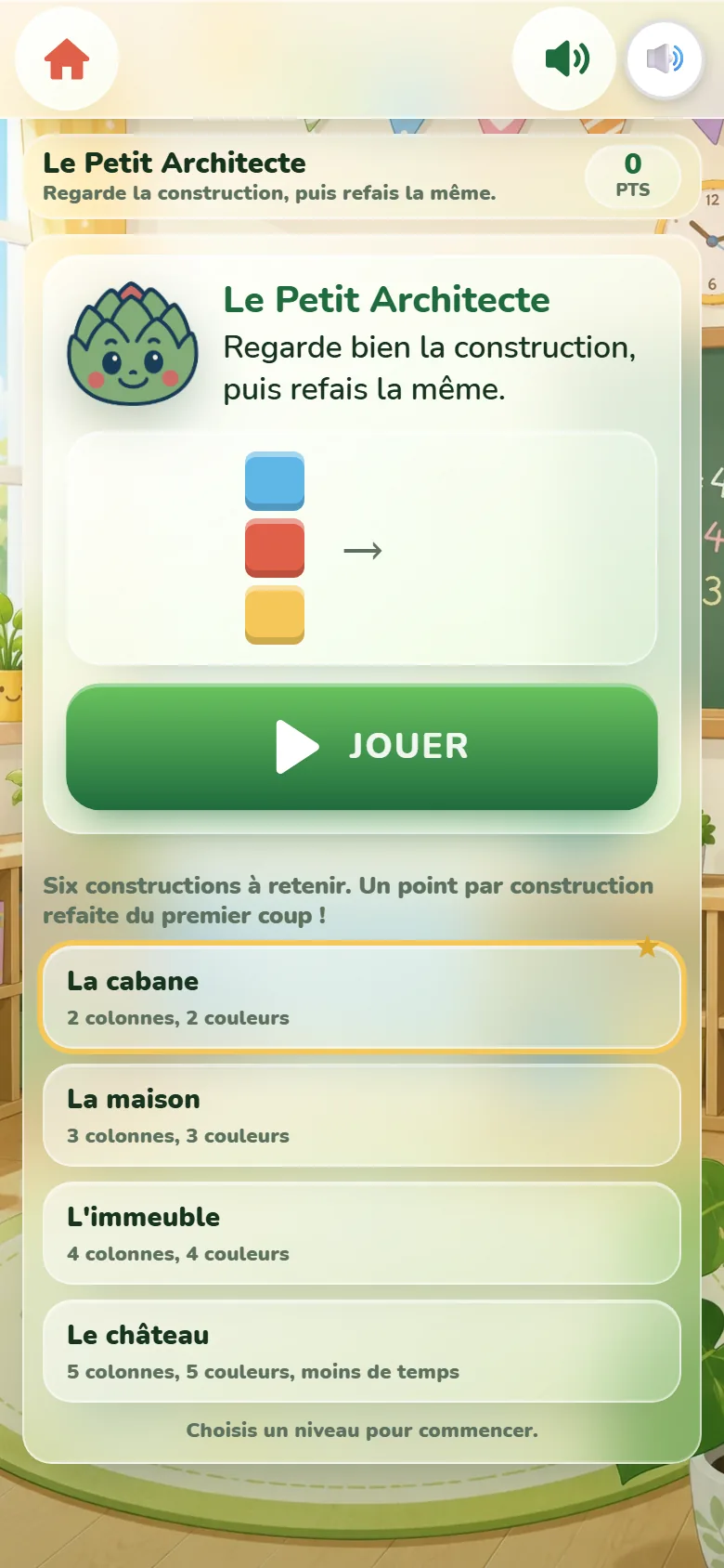 Écran de départ du Petit Architecte : la mascotte Artichoux, une colonne de blocs bleu, rouge et jaune suivie d’une flèche, le bouton Jouer et les quatre niveaux, de la cabane au château.