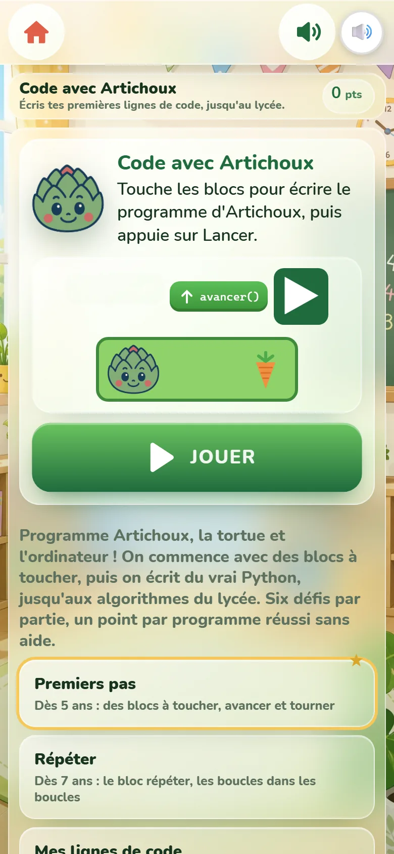 Écran de départ de Code avec Artichoux : la mascotte, le bloc « avancer() » suivi du bouton Lancer, Artichoux face à une carotte, le bouton Jouer et les sept niveaux.