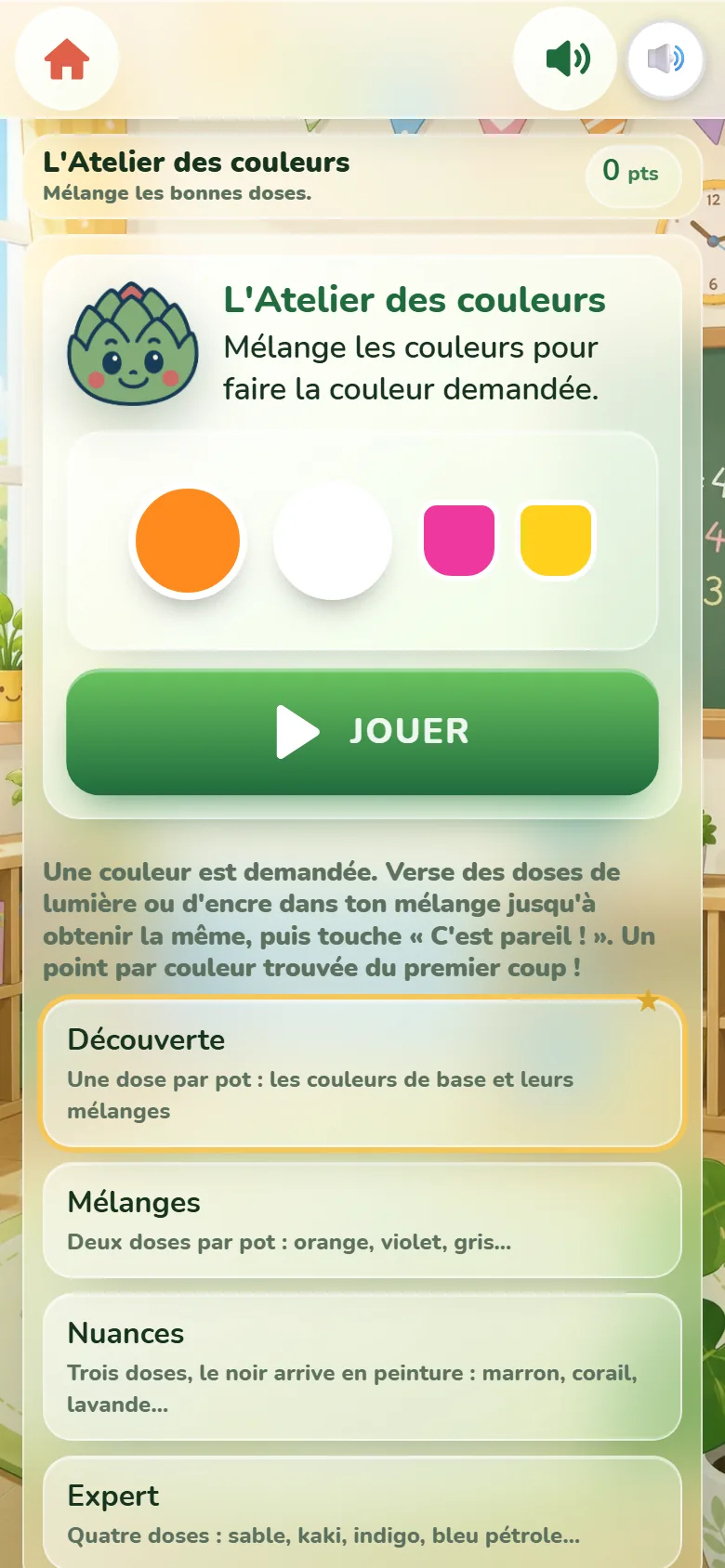 Écran de départ de l’Atelier des couleurs : la mascotte Artichoux, un rond orange à obtenir, un pot blanc et des pastilles magenta et jaune, le bouton Jouer et les quatre niveaux.