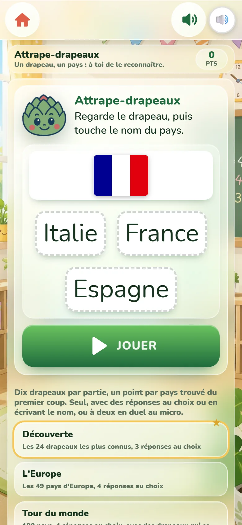Écran de départ d’Attrape-drapeaux : la mascotte Artichoux, le drapeau de la France au-dessus des réponses Italie, France et Espagne, le bouton Jouer et la liste des six niveaux.