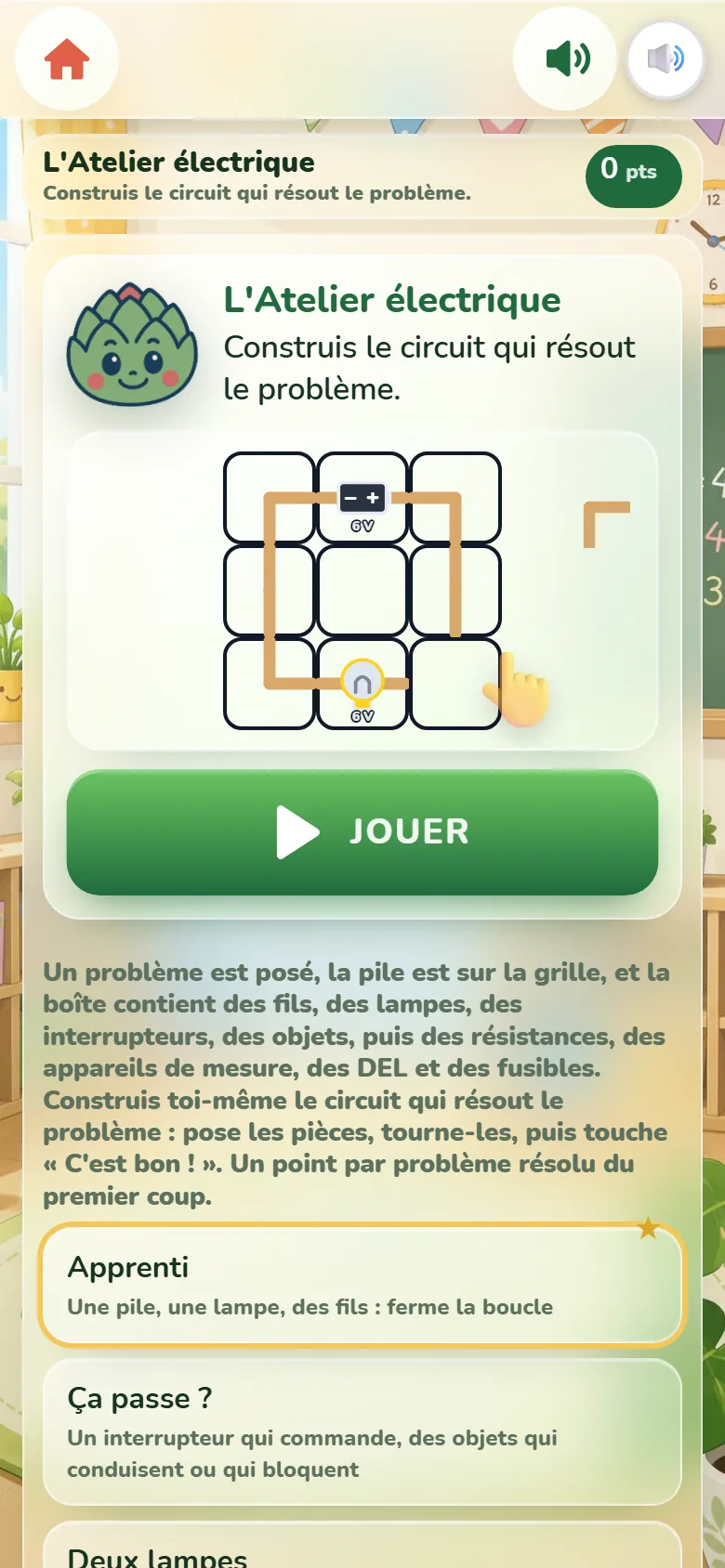 Écran de départ de l’Atelier électrique : la mascotte Artichoux, une grille avec une pile, des fils et une lampe allumée, une main qui pose un fil, le bouton Jouer et les sept niveaux.