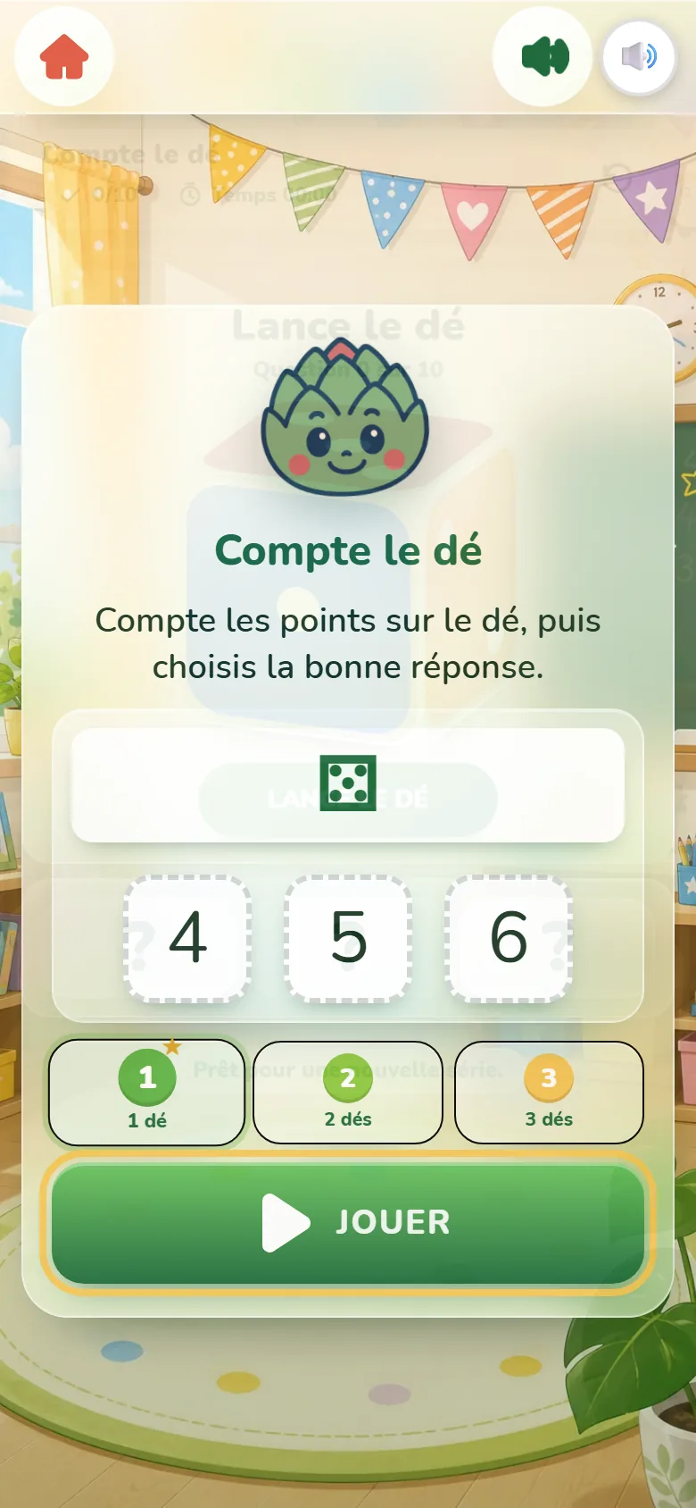Écran de départ de Compte le dé : la mascotte Artichoux, un dé qui montre cinq points au-dessus des nombres 4, 5 et 6, les pastilles 1 dé, 2 dés, 3 dés et le bouton Jouer.