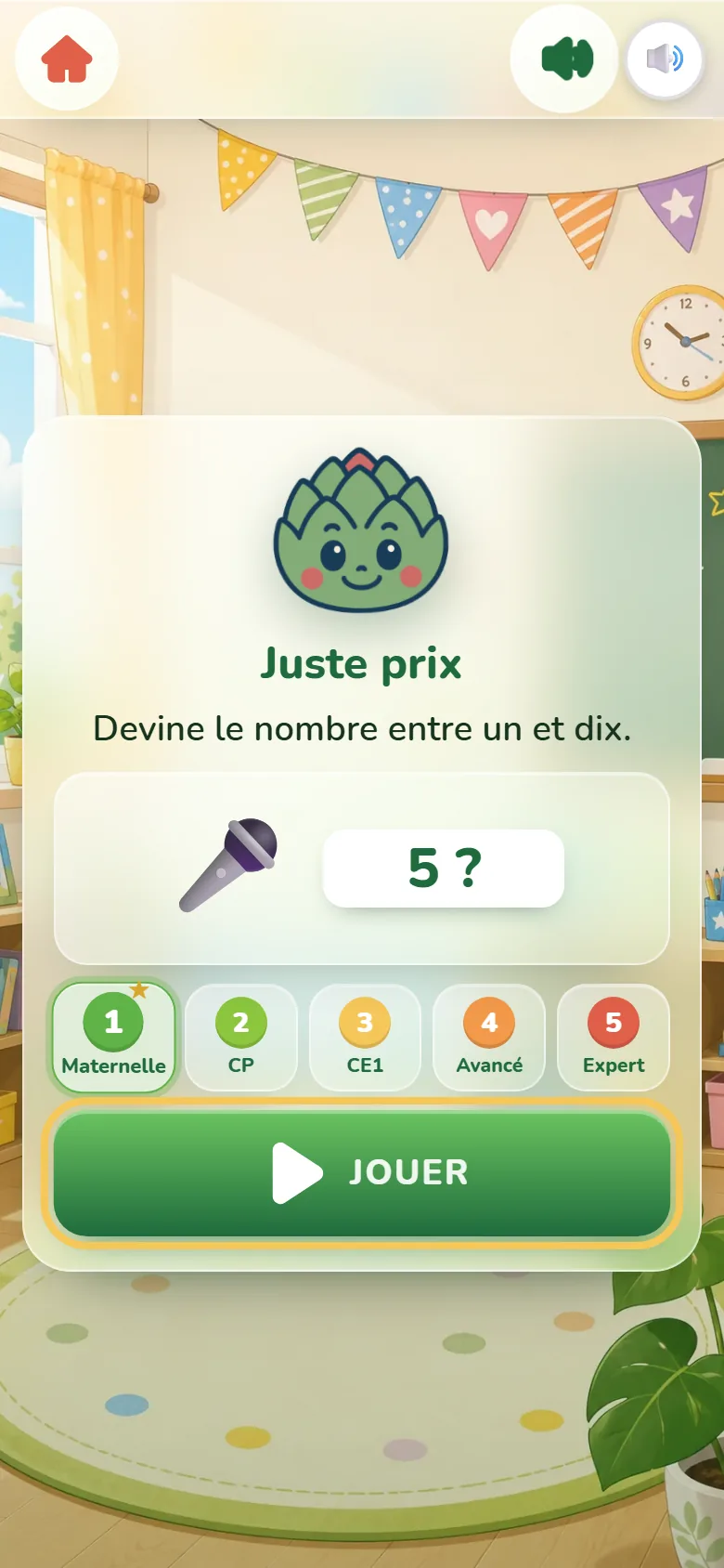 Écran de départ du Juste prix : la mascotte Artichoux, un micro et la proposition « 5 ? », les pastilles Maternelle, CP, CE1, Avancé, Expert et le bouton Jouer.
