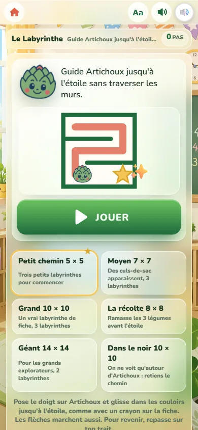Écran de départ du Labyrinthe : la mascotte Artichoux qui suit un couloir en S jusqu’à une étoile, le bouton Jouer et la liste des six niveaux.