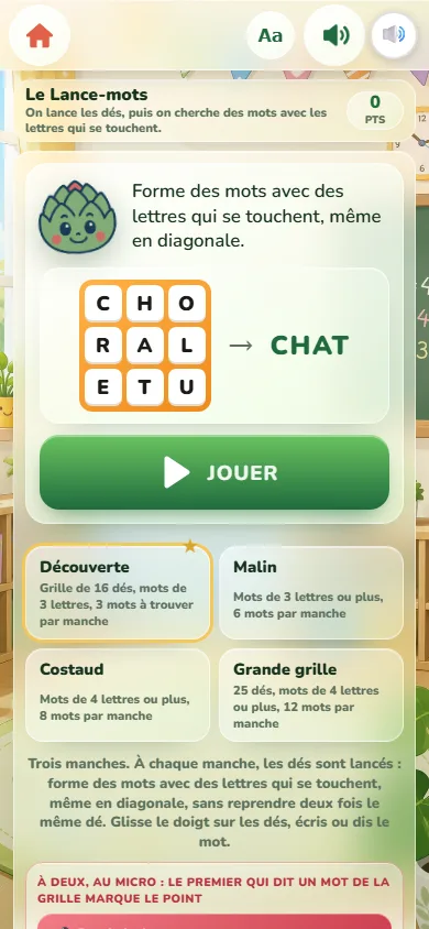 Écran de départ du Lance-mots : la mascotte Artichoux, une petite grille de neuf dés à lettres et le mot « CHAT » qu’on y trouve, le bouton Jouer et la liste des quatre niveaux.