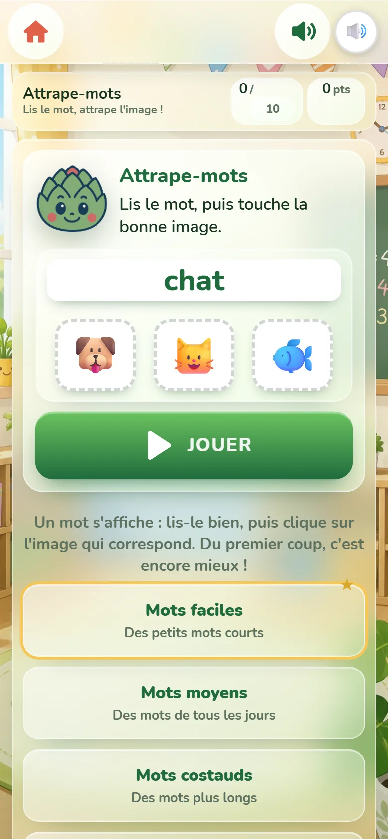 Écran de départ d’Attrape-mots : la mascotte Artichoux, le mot « chat » au-dessus de trois images, le bouton Jouer et la liste des quatre niveaux.