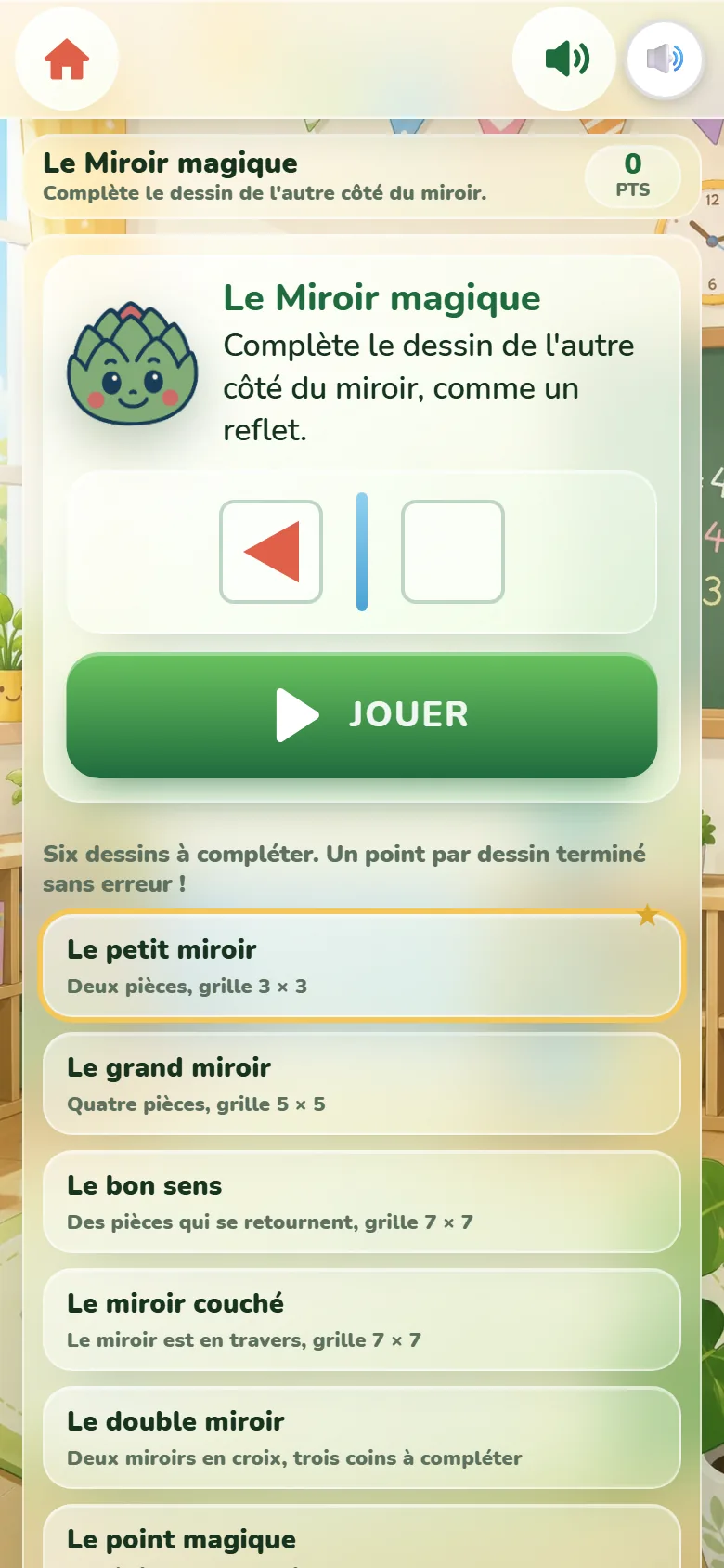 Écran de départ du Miroir magique : la mascotte Artichoux, un triangle rouge d’un côté d’un trait bleu et une case vide de l’autre, le bouton Jouer et la liste des sept niveaux.