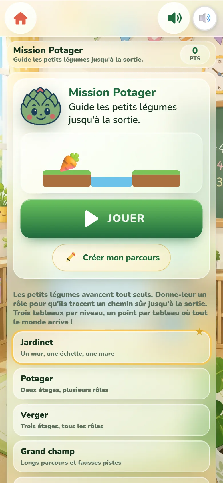 Écran de départ de Mission Potager : la mascotte Artichoux, une carotte au bord d’un trou entre deux plateformes d’herbe, le bouton Jouer, le lien Créer mon parcours et les six niveaux.