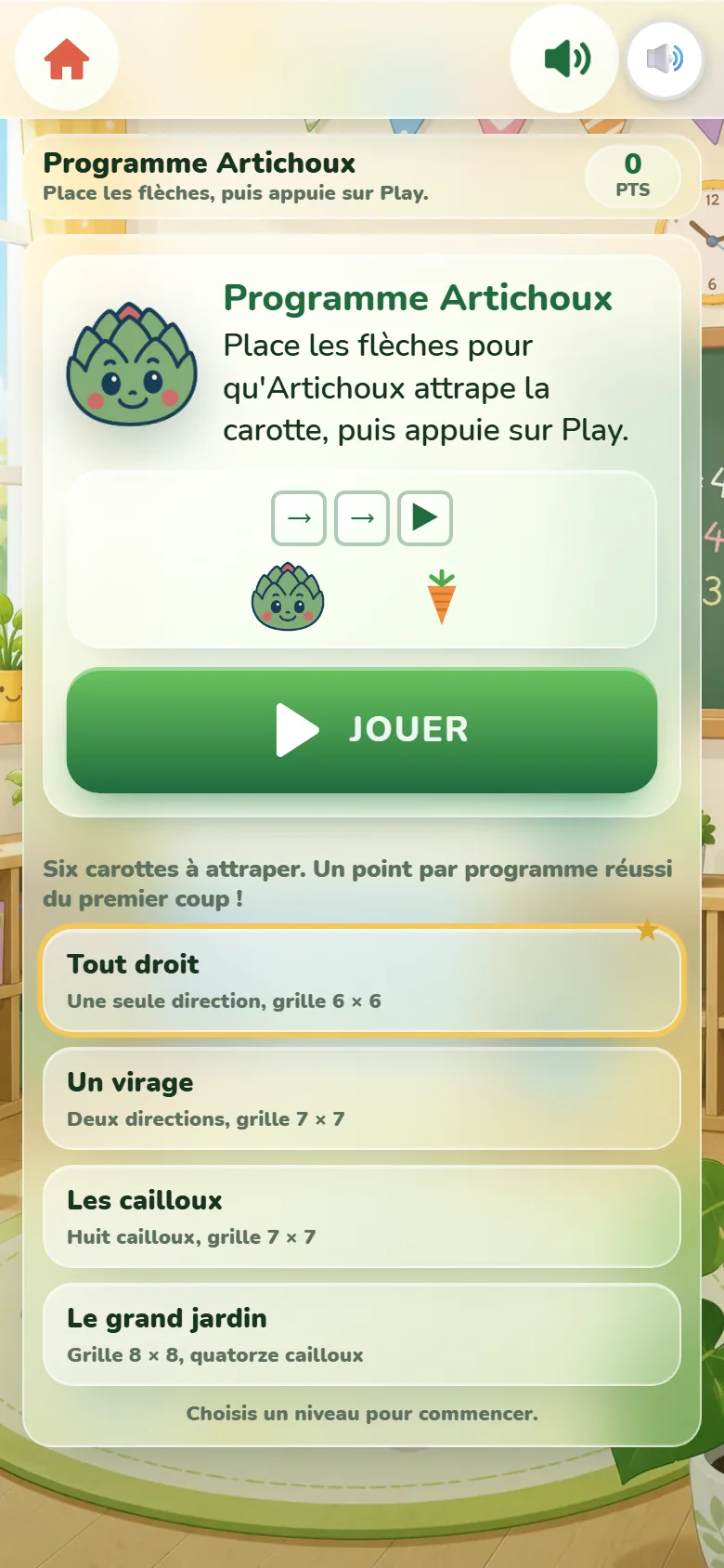Écran de départ de Programme Artichoux : la mascotte, deux flèches vers la droite suivies du bouton Play, Artichoux face à une carotte, le bouton Jouer et les quatre niveaux.