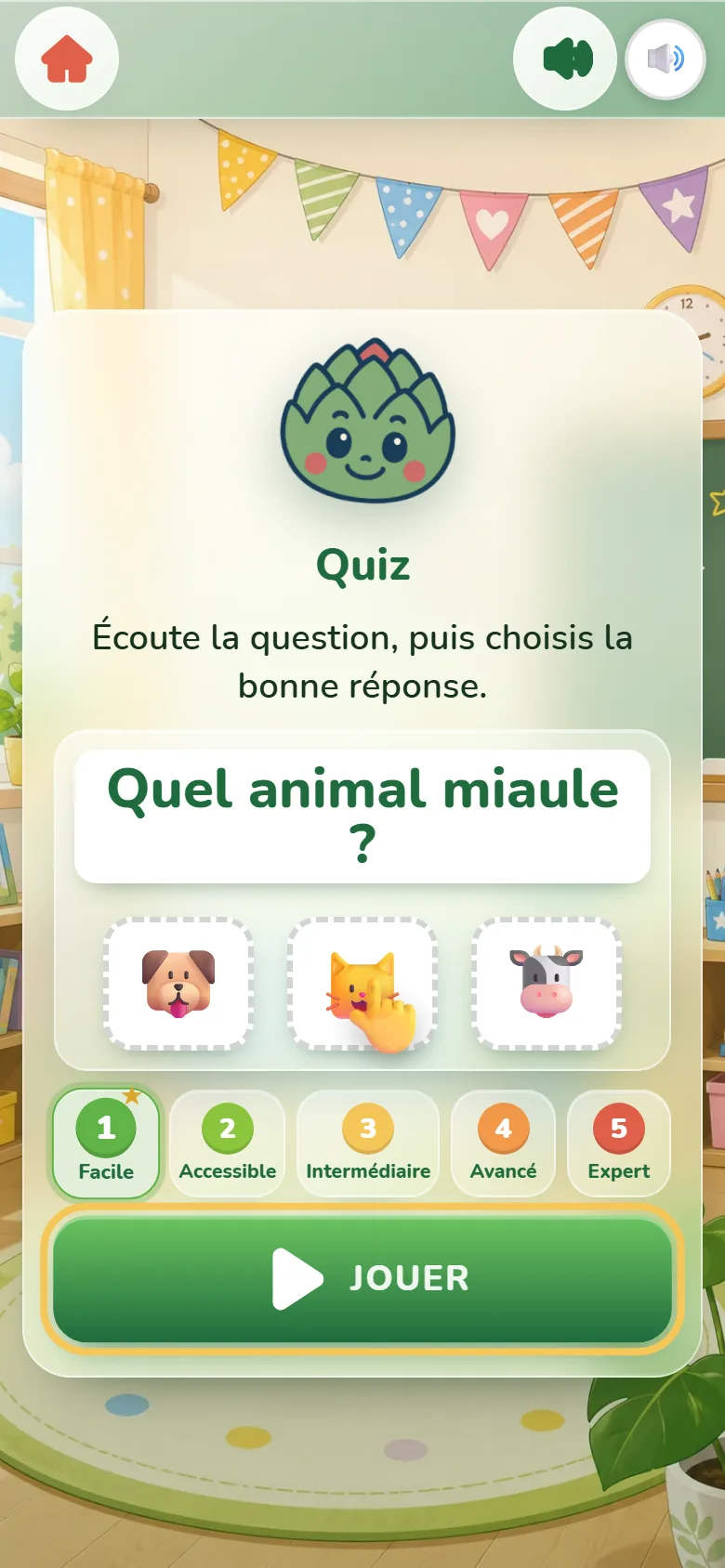 Écran de départ du Quiz : la mascotte Artichoux, la question « Quel animal miaule ? » au-dessus d’un chien, d’un chat et d’une vache, les cinq niveaux de Facile à Expert et le bouton Jouer.