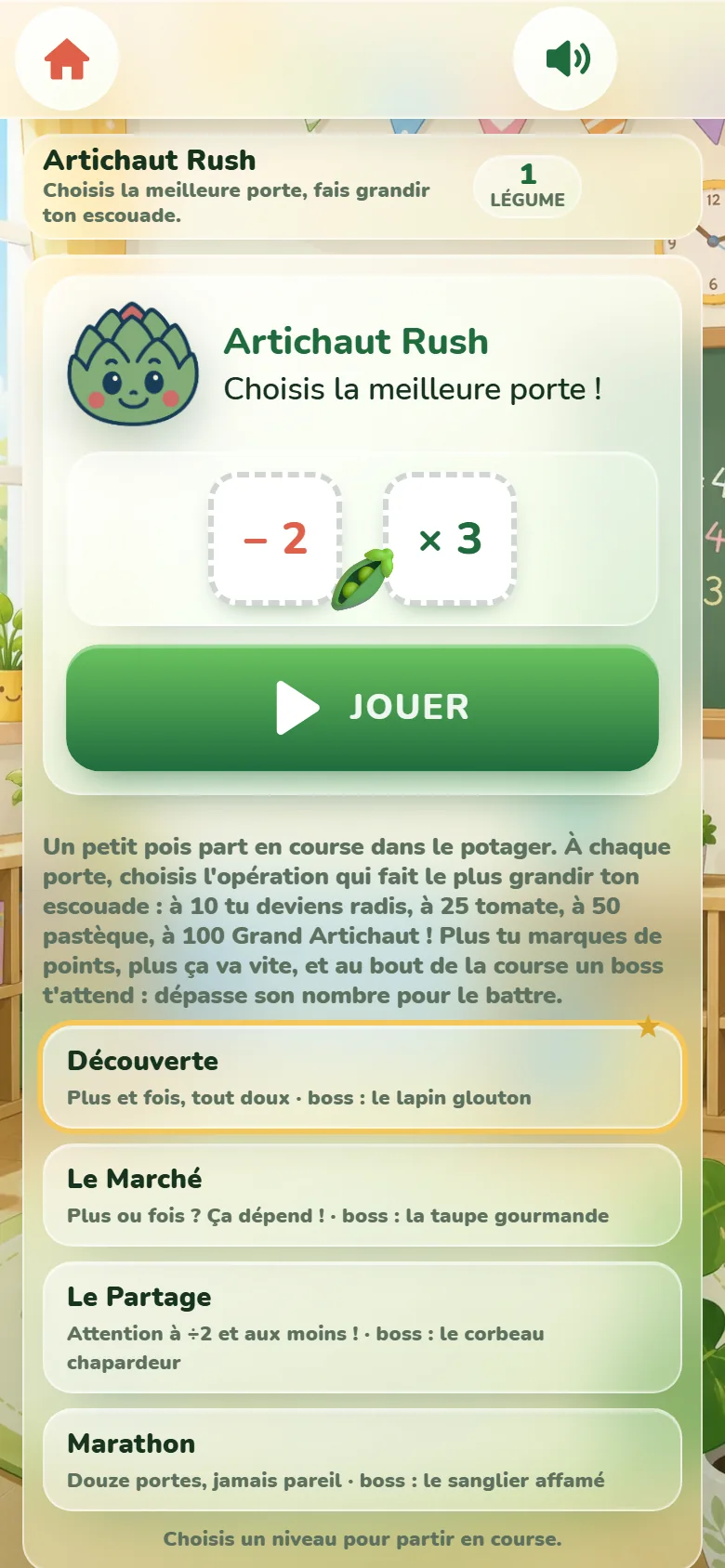 Écran de départ d’Artichaut Rush : la mascotte Artichoux, deux portes « − 2 » et « × 3 » autour d’un petit pois, le bouton Jouer et les quatre niveaux, chacun avec son boss.