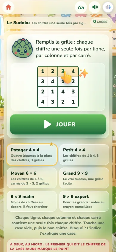 Écran de départ du Sudoku : la mascotte Artichoux, une petite grille de 4 × 4 dont une case se remplit, le bouton Jouer et la liste des six niveaux.