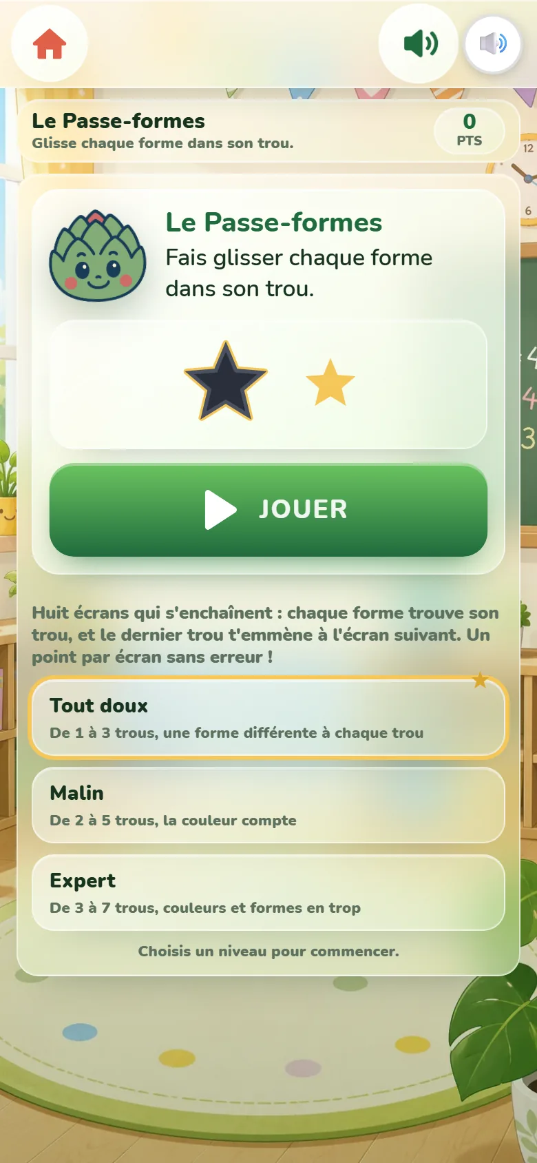 Écran de départ du Passe-formes : la mascotte Artichoux, une étoile sombre à faire glisser vers une étoile jaune, le bouton Jouer et les trois niveaux, de Tout doux à Expert.